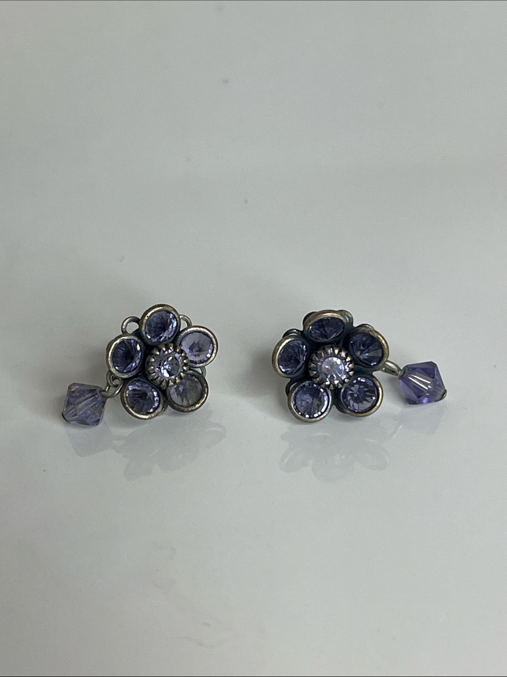 Purple Flower Drop Earrings with Dangling Crystal Beads - Picture 4 of 4